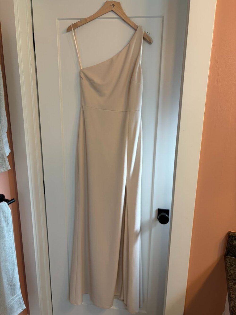 BHLDN Hallie One-Shoulder Stretch Crepe Maxi Gown - Bone Size Small